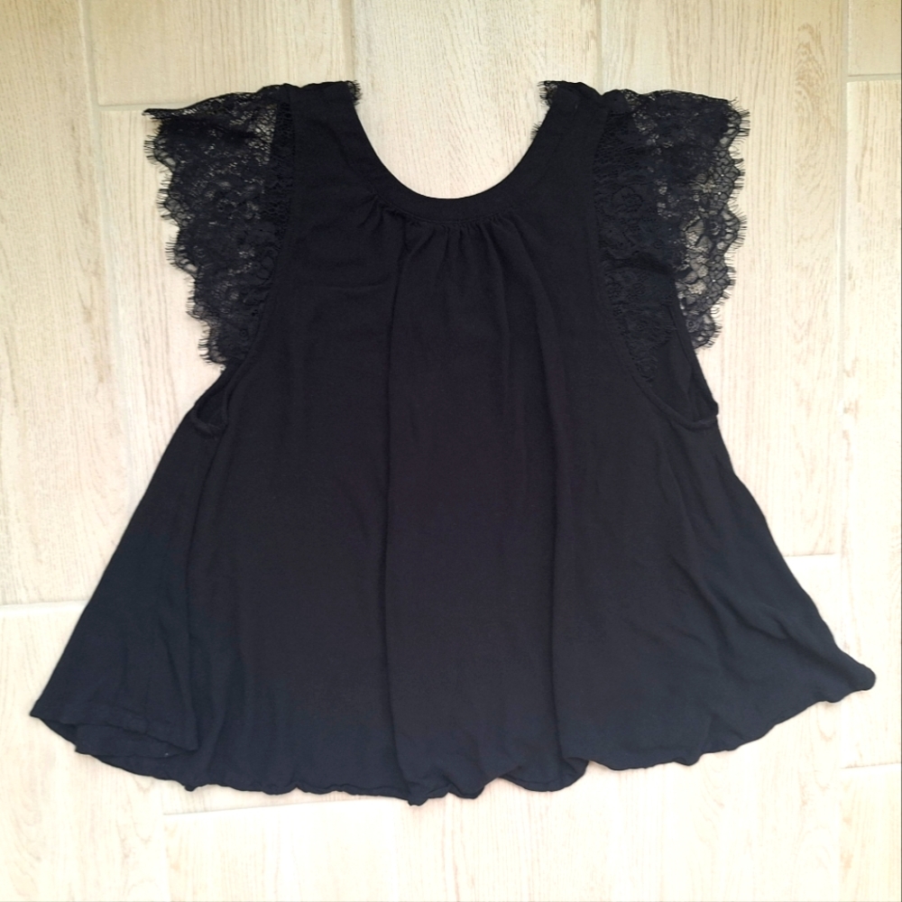 Free People Womens Black V-Neck Lace Trim Top Flowy Style Cap Sleeves - Large - Picture 9 of 11